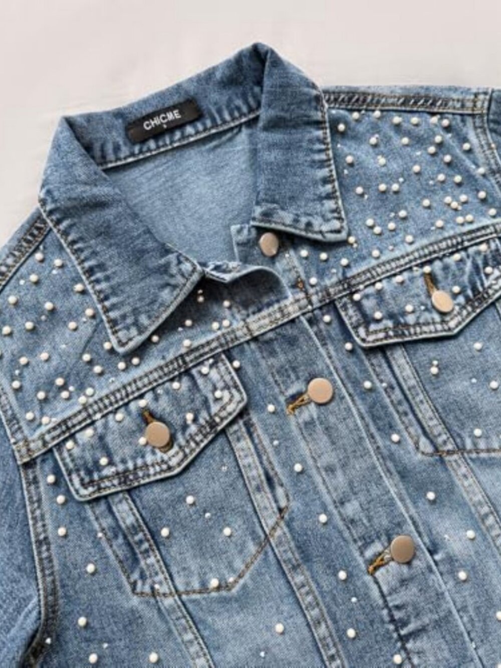 Trendy Pearl Denim Jacket with Rhinestone Buttons - Stylish Jean Outerwear for - Picture 5 of 6